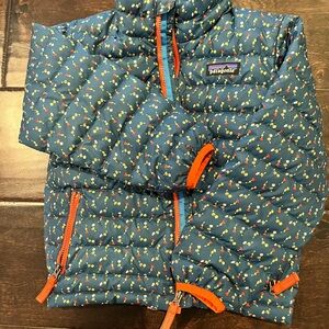 Patagonia Blue Puffer Jacket with Orange Zippers